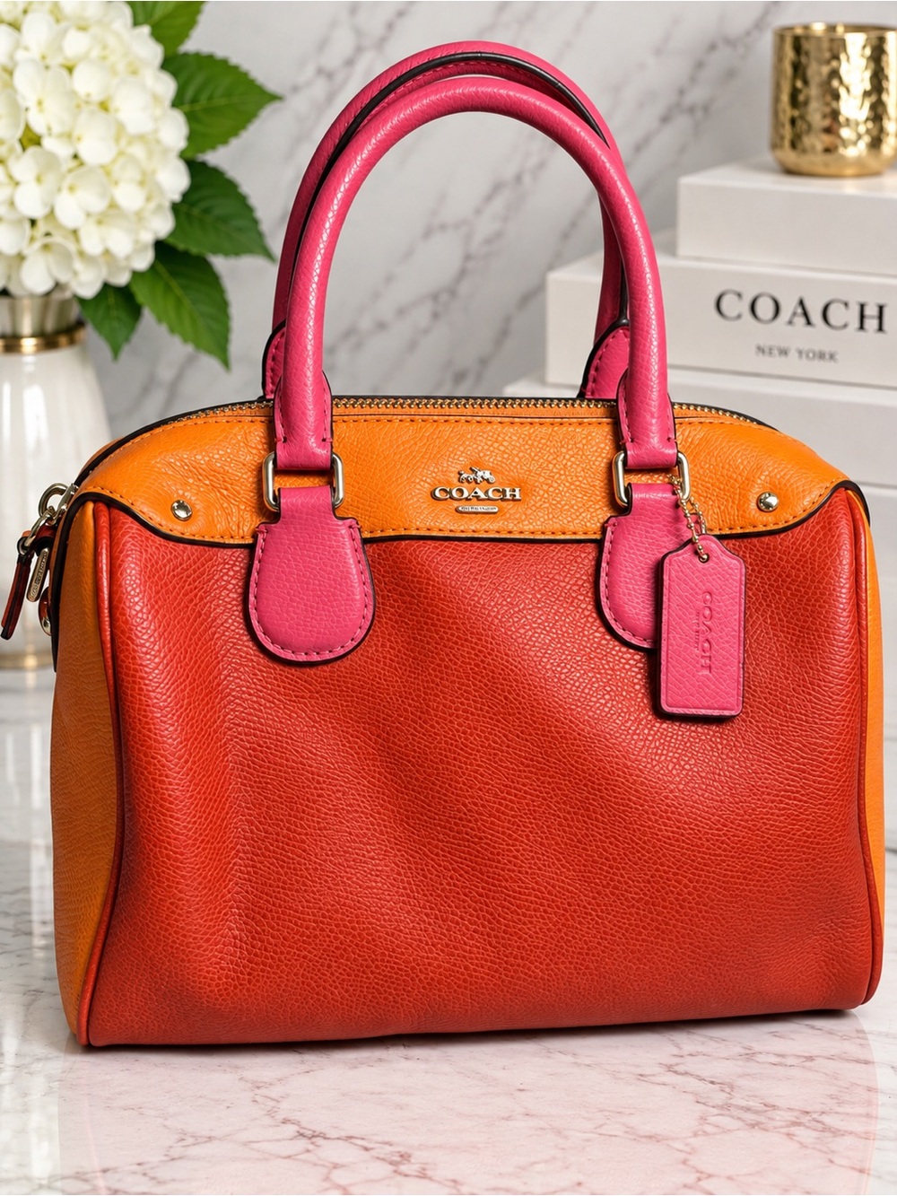 Coach mini Bennett Orange and Pink colorblock Leather Satchel